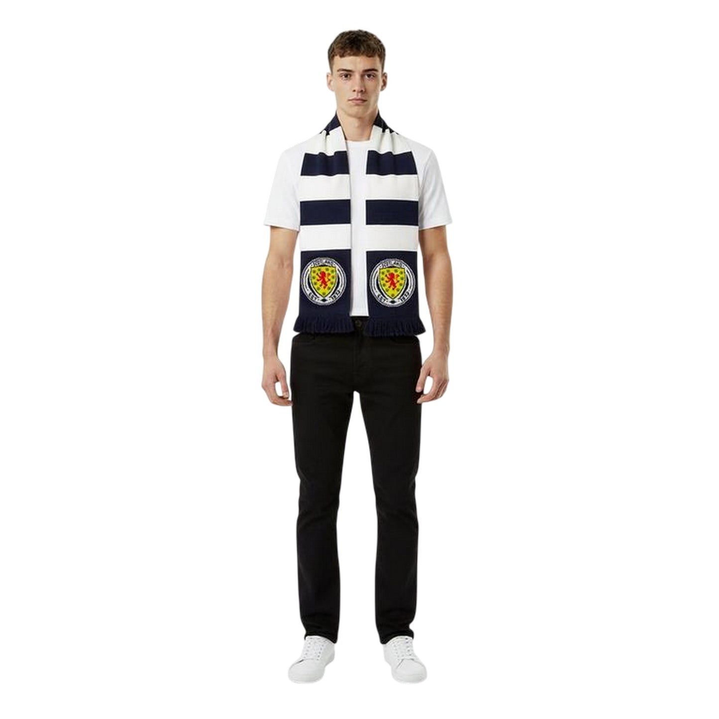 Dark Blue-White-Yellow - Side - Scotland Crest Acrylic Stripes Scarf