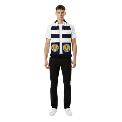 Dark Blue-White-Yellow - Side - Scotland Crest Acrylic Stripes Scarf