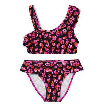 Pink - Front - Biba Girls Leopard Print Frill Bikini Set