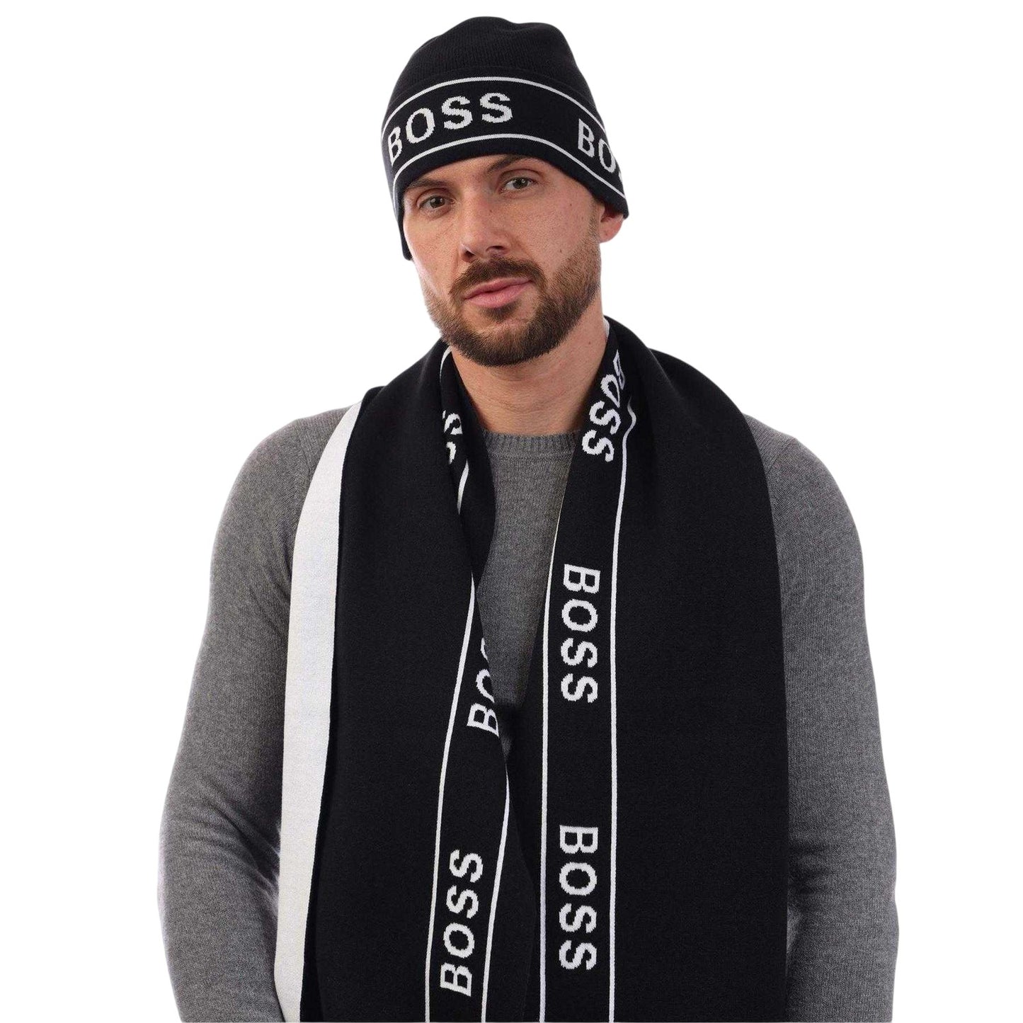 Black - Back - Boss Mens Repeat Logo Hat And Scarf Set