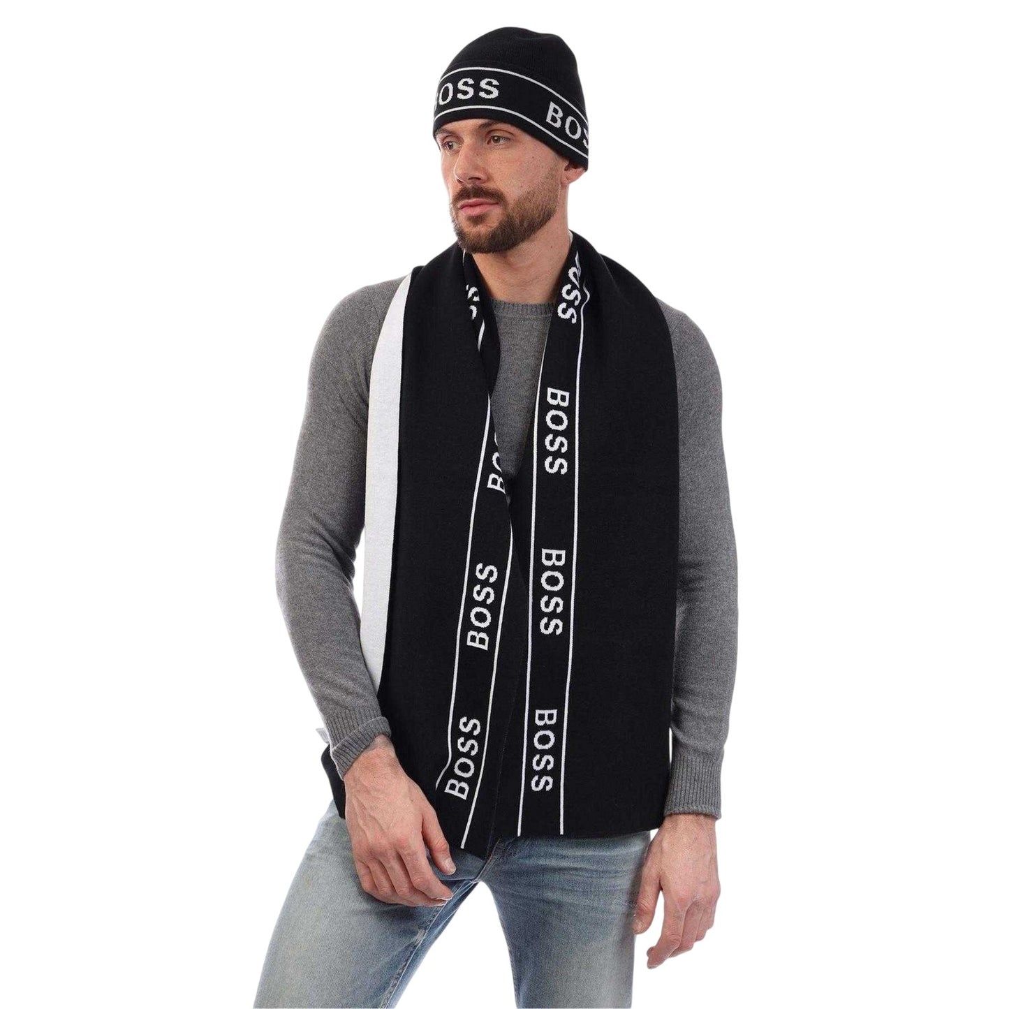Black - Pack Shot - Boss Mens Repeat Logo Hat And Scarf Set