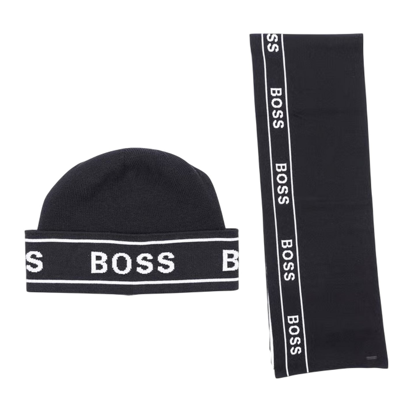 Black - Front - Boss Mens Repeat Logo Hat And Scarf Set