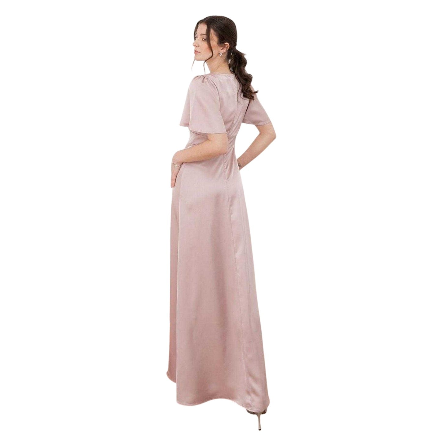 Soft Pink - Back - Maya Deluxe Womens-Ladies Satin Angel Sleeve Bridesmaid Maxi Dress