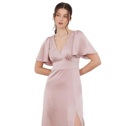 Soft Pink - Side - Maya Deluxe Womens-Ladies Satin Angel Sleeve Bridesmaid Maxi Dress