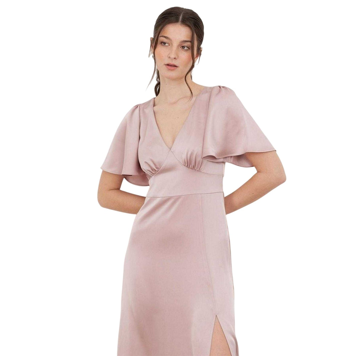 Soft Pink - Side - Maya Deluxe Womens-Ladies Satin Angel Sleeve Bridesmaid Maxi Dress