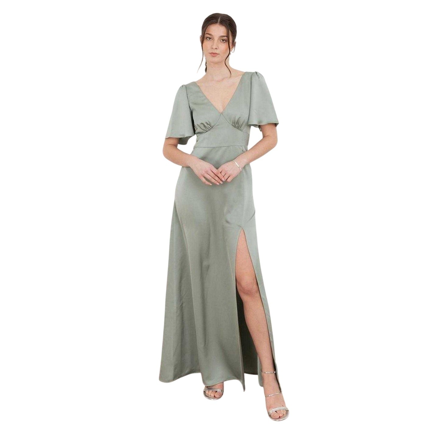 Sage Green - Front - Maya Deluxe Womens-Ladies Satin Angel Sleeve Bridesmaid Maxi Dress