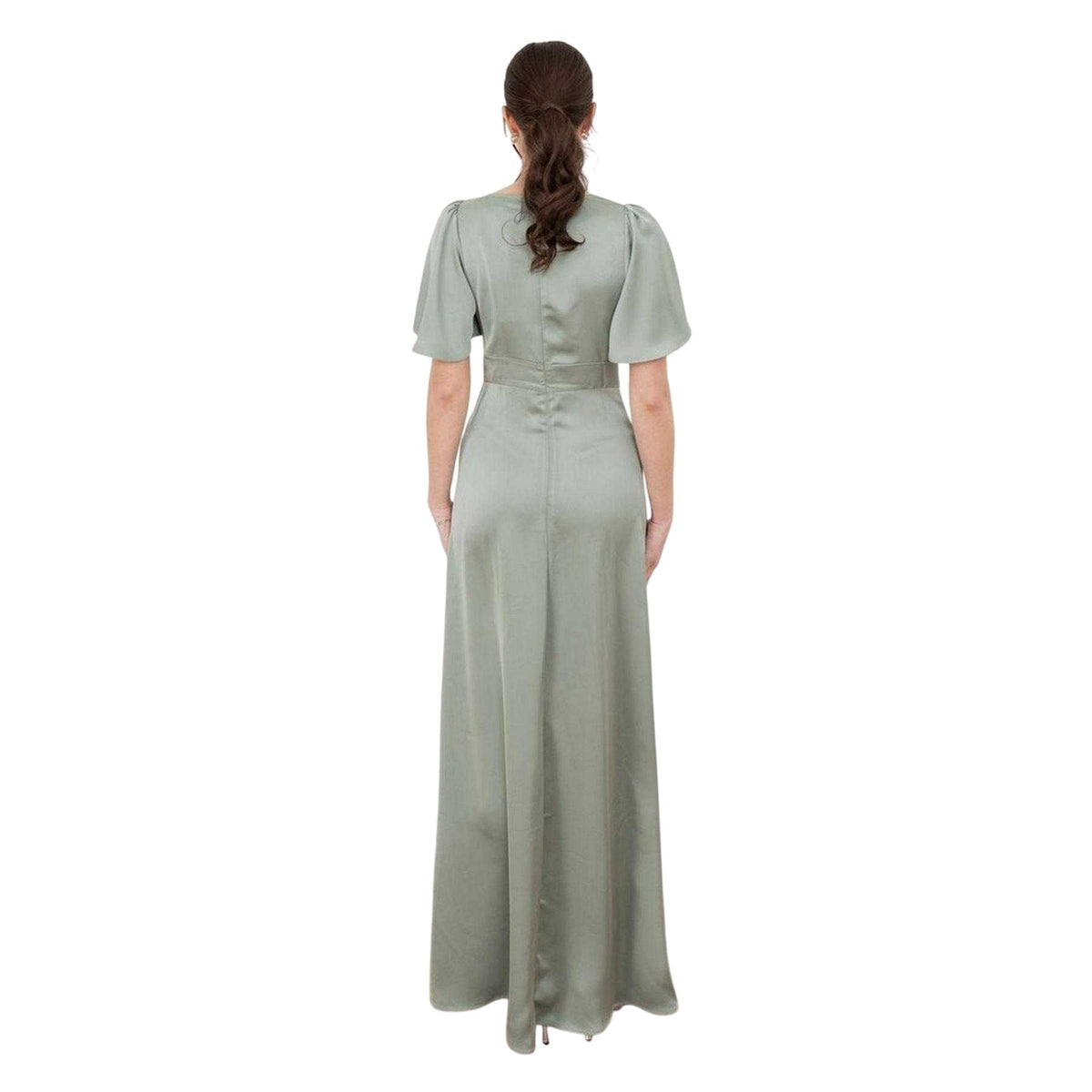Sage Green - Back - Maya Deluxe Womens-Ladies Satin Angel Sleeve Bridesmaid Maxi Dress