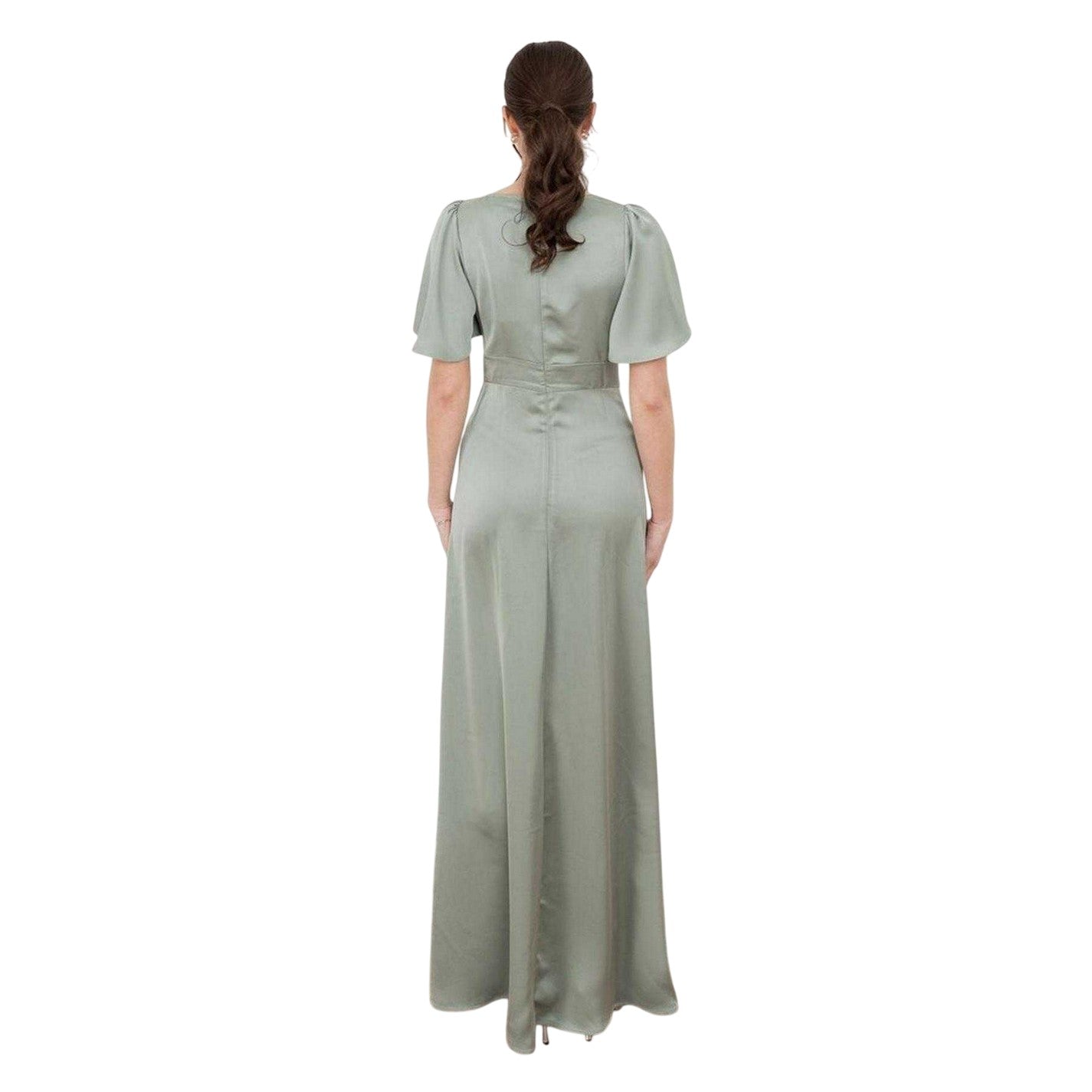 Sage Green - Back - Maya Deluxe Womens-Ladies Satin Angel Sleeve Bridesmaid Maxi Dress