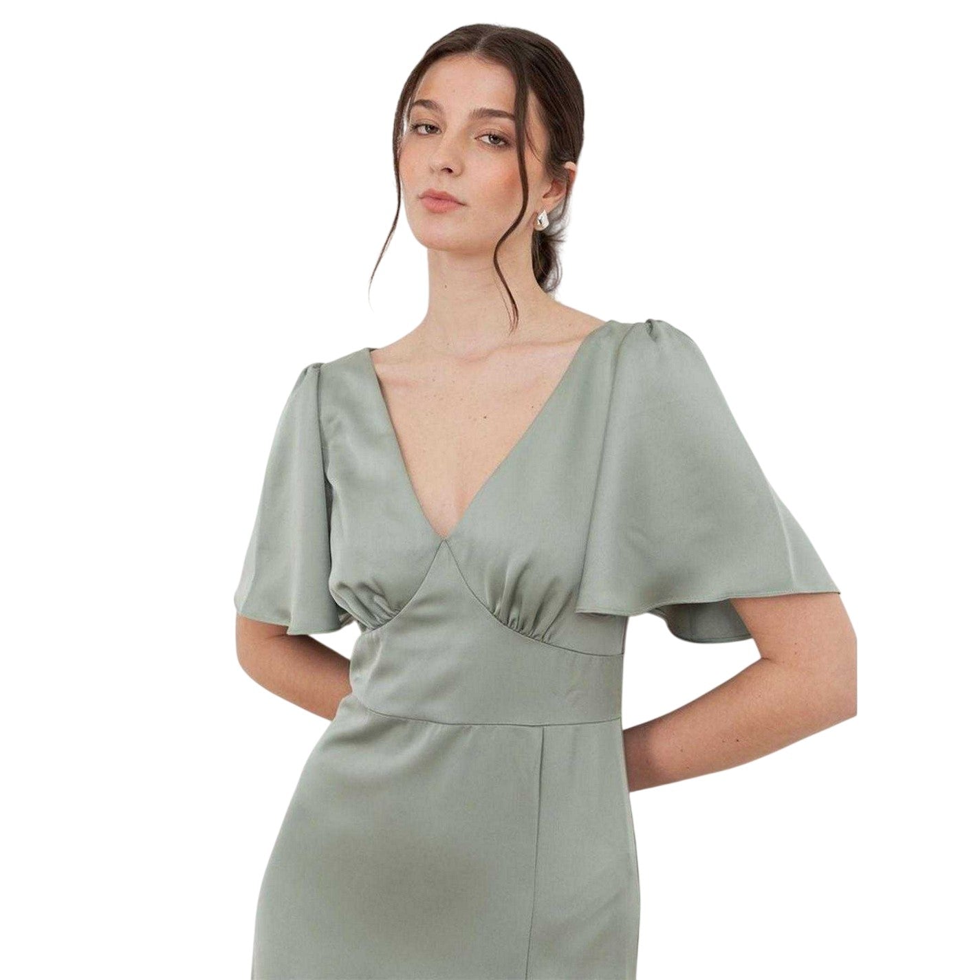 Sage Green - Side - Maya Deluxe Womens-Ladies Satin Angel Sleeve Bridesmaid Maxi Dress