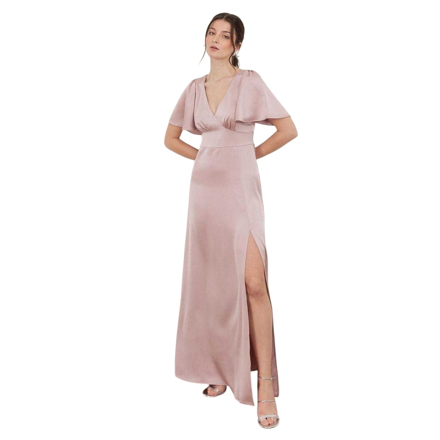Soft Pink - Front - Maya Deluxe Womens-Ladies Satin Angel Sleeve Bridesmaid Maxi Dress