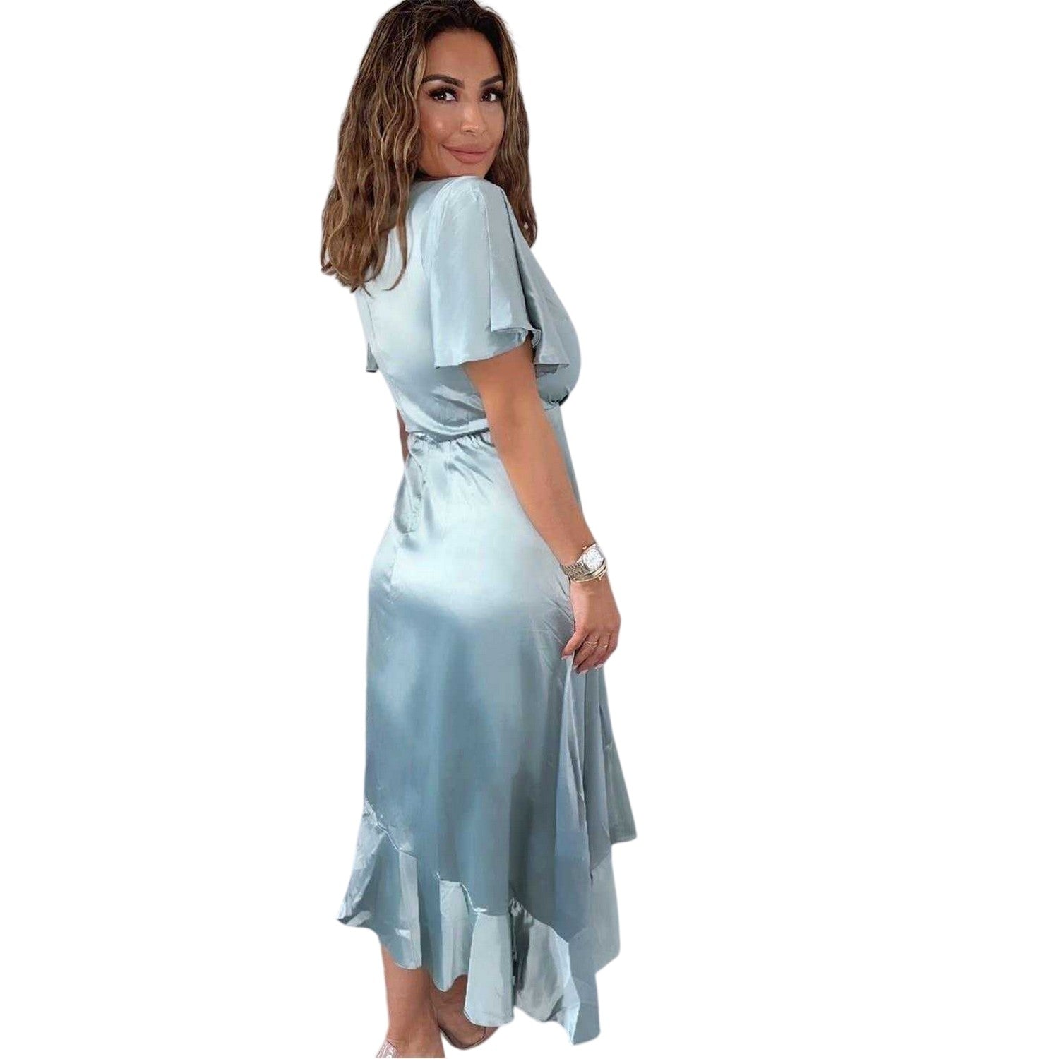 Duck Egg - Back - AX Paris Womens-Ladies Satin Short-Sleeved Midi Dress