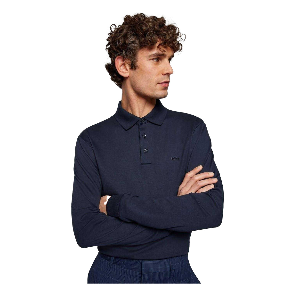 Navy - Side - Boss Mens Pado 30 Long-Sleeved Polo Shirt