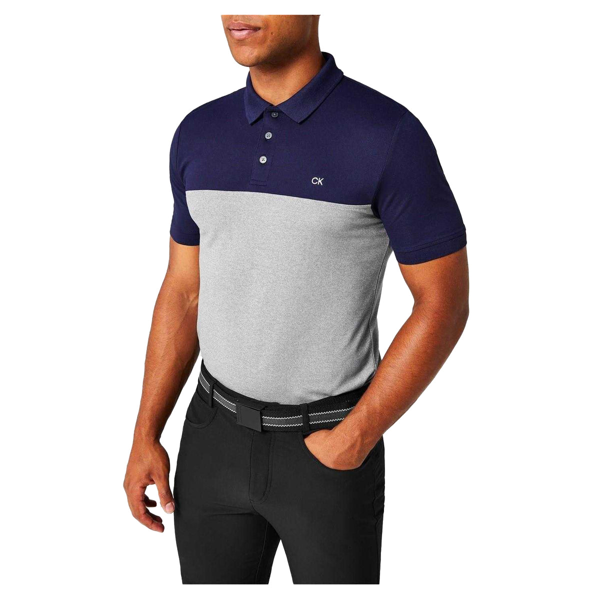 Navy-Silver Melange - Side - Calvin Klein Mens Colour Block Golf Polo Shirt