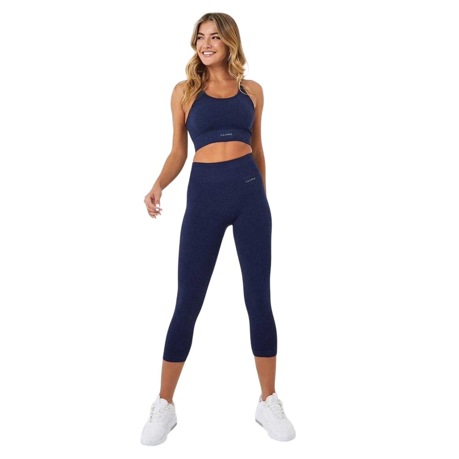 Navy - Side - USA Womens-Ladies Adjustable Seamless Sports Bra
