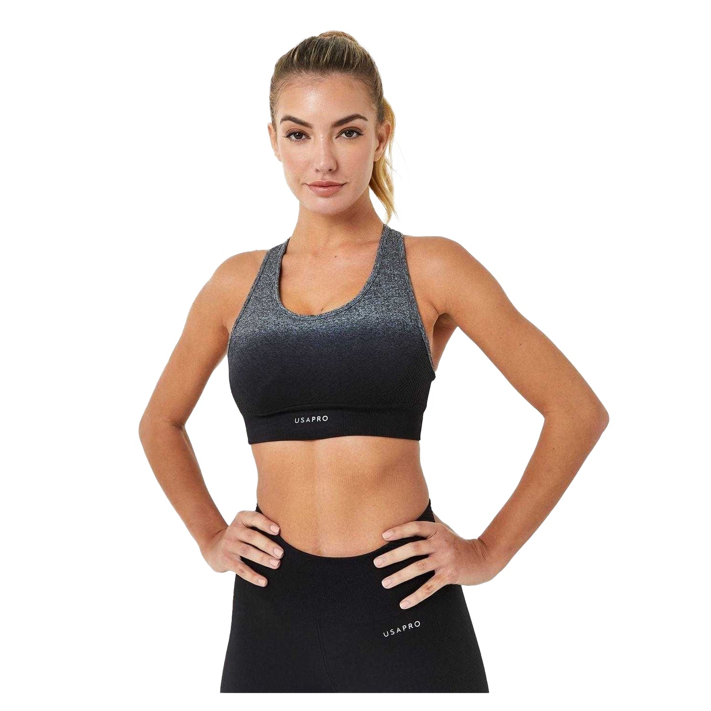 Black-Grey - Front - USA Pro Womens-Ladies Ombre Seamless Sports Bra