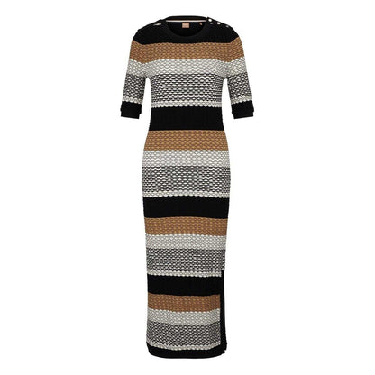 Black-Grey-Brown - Front - Boss Womens-Ladies Etanah Striped Knitted Maxi Dress