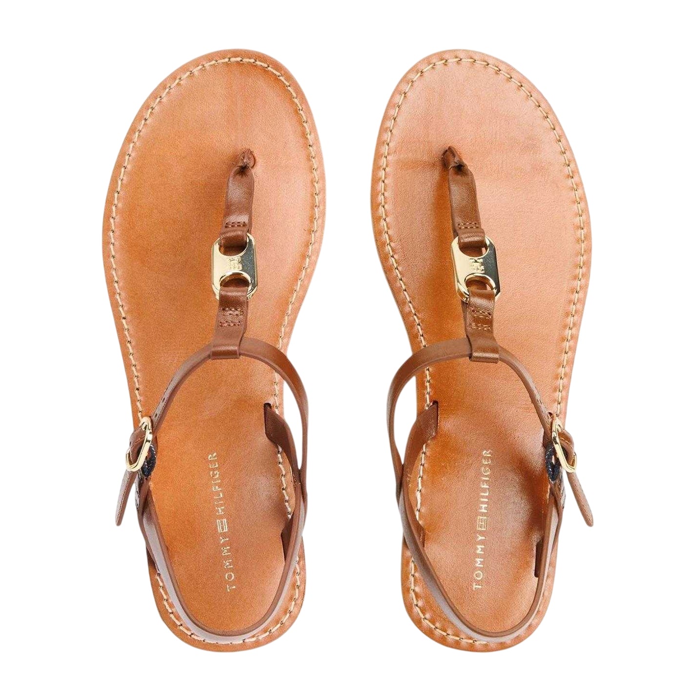 Bronze - Side - Tommy Hilfiger Womens-Ladies Logo Leather Flat Sandals