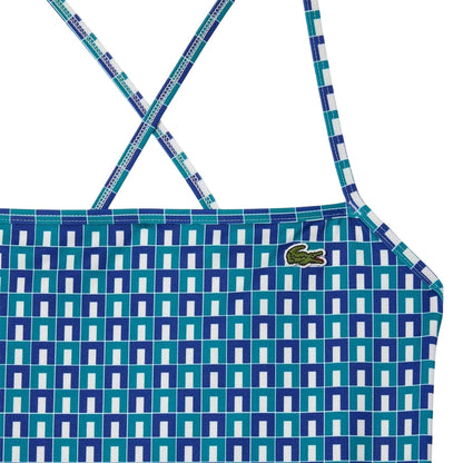 Blue - Side - Lacoste Womens-Ladies Geometric Recycled Polyester One Piece Swimsuit
