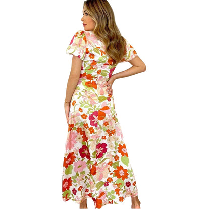 Cream - Back - AX Paris Womens-Ladies Floral Polyester Puff Sleeve Midi Dress
