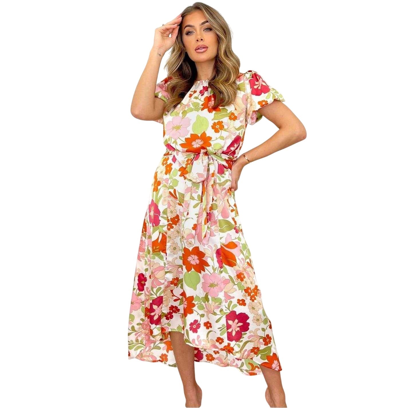 Cream - Side - AX Paris Womens-Ladies Floral Polyester Puff Sleeve Midi Dress