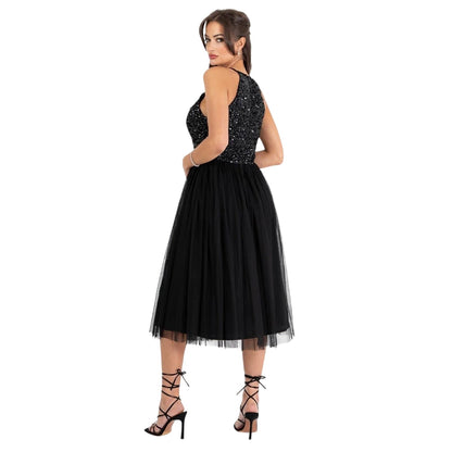 Black - Back - Deluxe Womens-Ladies Sequin Formal Midi Dress
