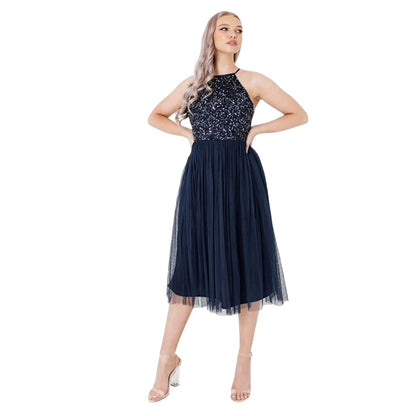 Navy - Front - Deluxe Womens-Ladies Sequin Formal Midi Dress