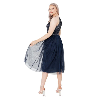 Navy - Back - Deluxe Womens-Ladies Sequin Formal Midi Dress
