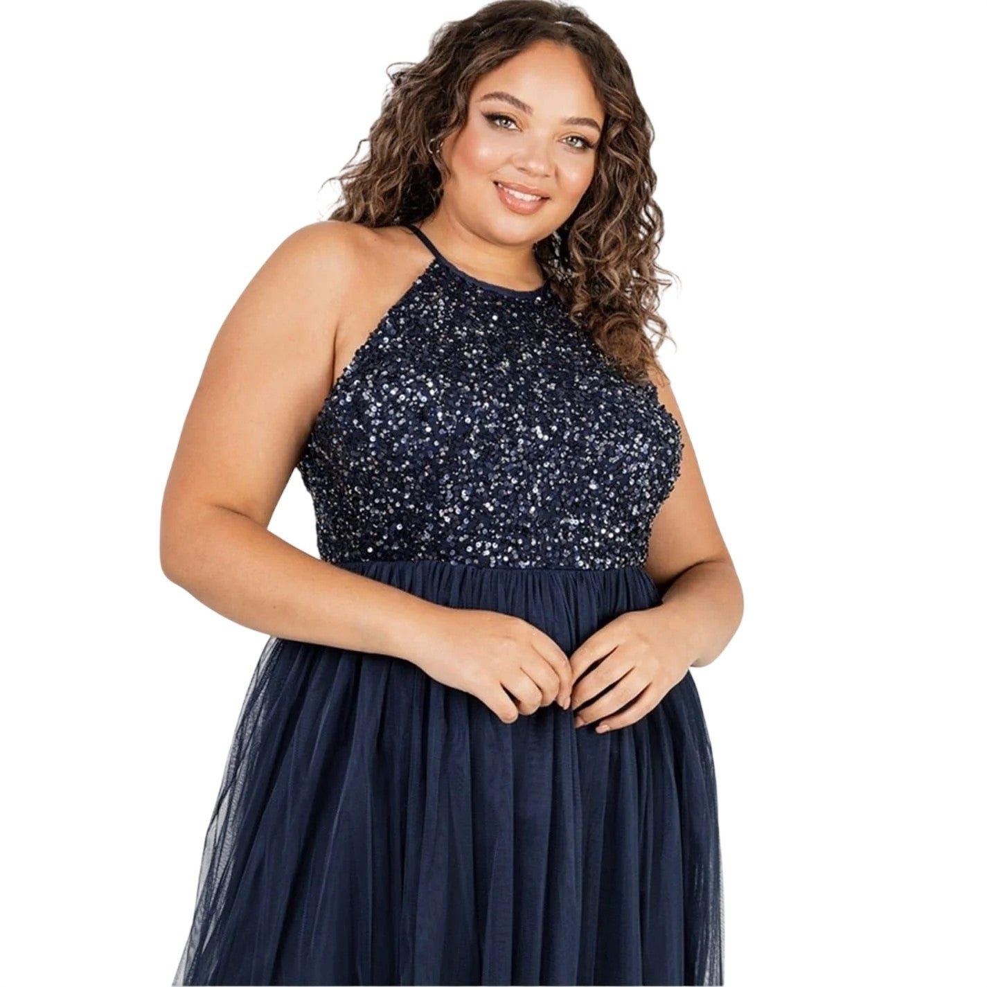 Navy - Side - Deluxe Womens-Ladies Sequin Formal Midi Dress