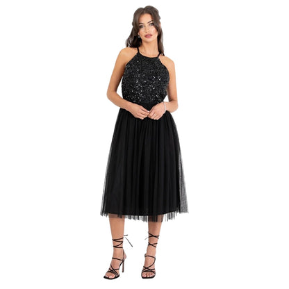 Black - Front - Deluxe Womens-Ladies Sequin Formal Midi Dress