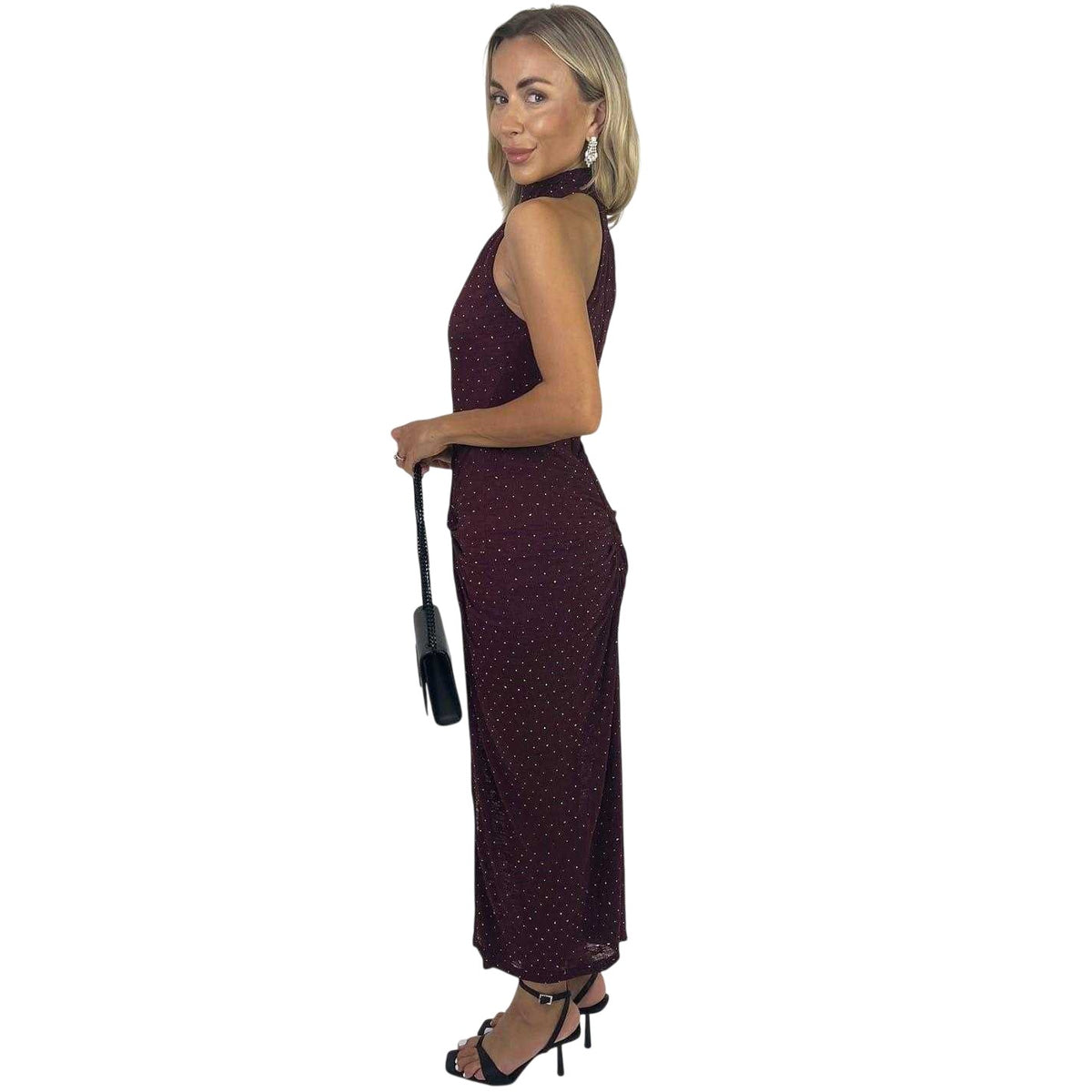 Plum - Side - AX Paris Womens-Ladies Diamante Jacquard Halter Neck Party Midi Dress