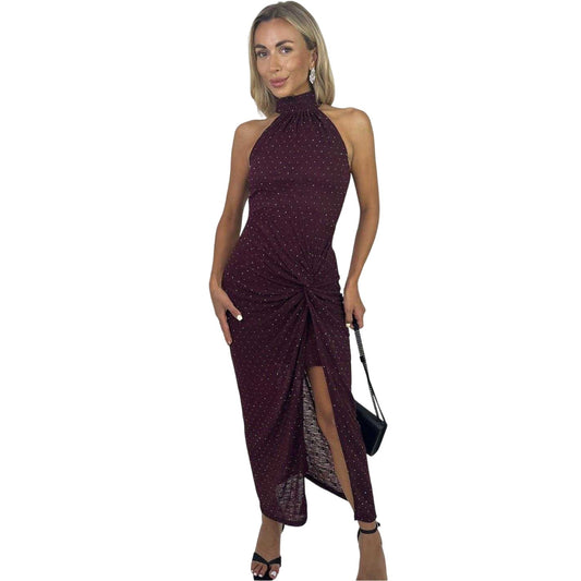 Plum - Front - AX Paris Womens-Ladies Diamante Jacquard Halter Neck Party Midi Dress