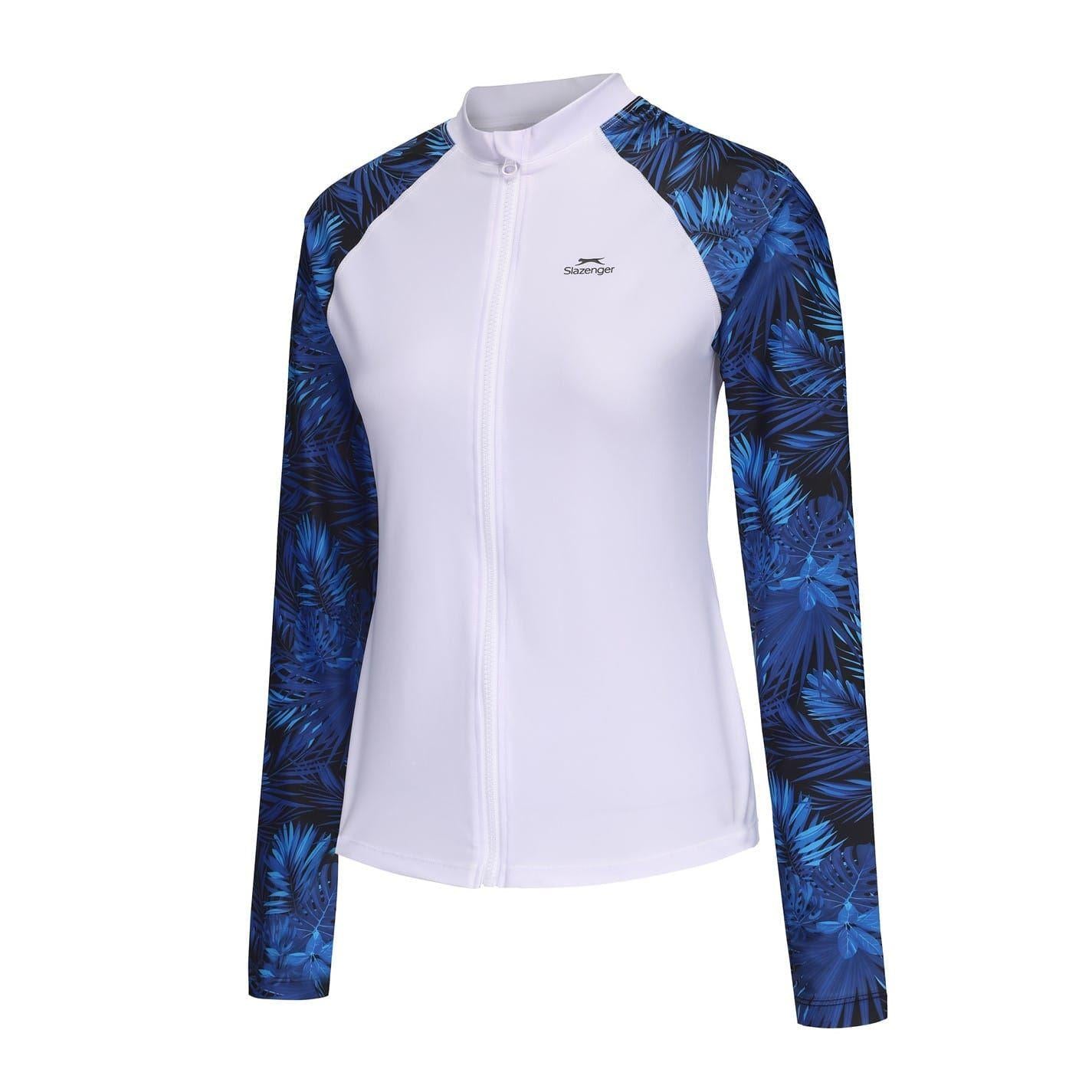 White - Side - Slazenger Womens-Ladies Palm Print Full Zip Swim Top