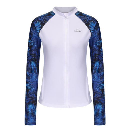 White - Front - Slazenger Womens-Ladies Palm Print Full Zip Swim Top
