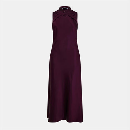 Burgundy - Front - Off White Womens-Ladies Cut Out Satin Sleeveless Maxi Dress