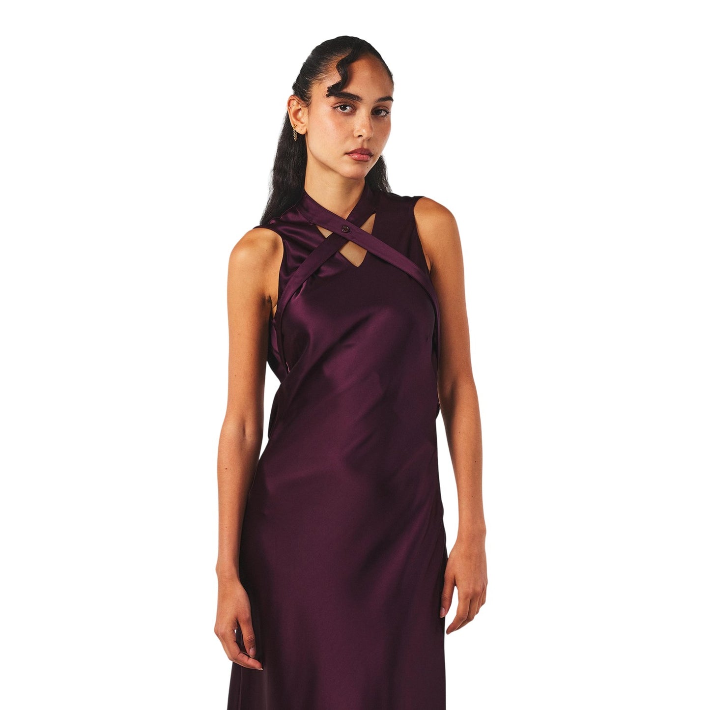 Burgundy - Side - Off White Womens-Ladies Cut Out Satin Sleeveless Maxi Dress