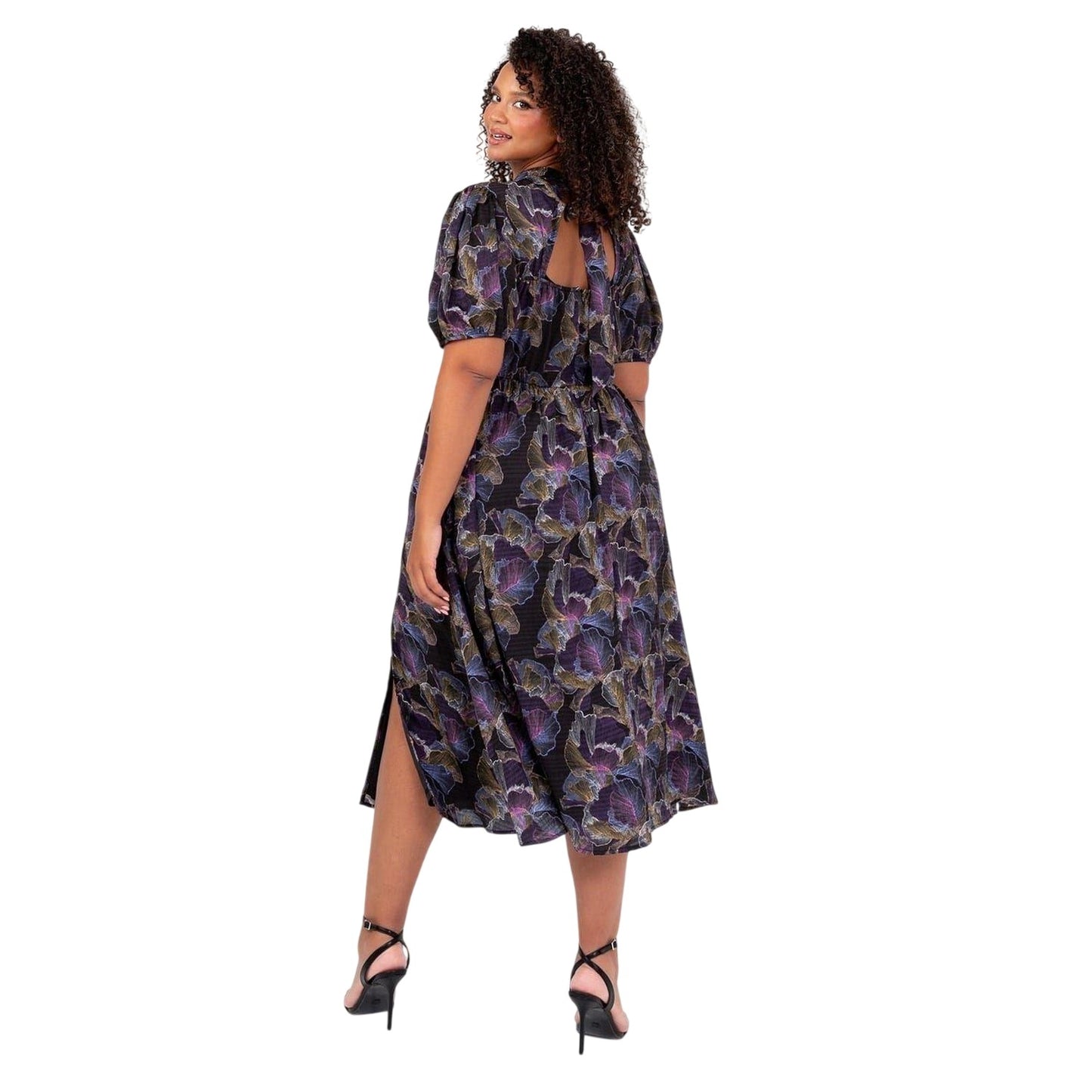 Multicoloured Print - Back - Lovedrobe Womens-Ladies Keyhole Regular Puff Sleeve Midi Dress