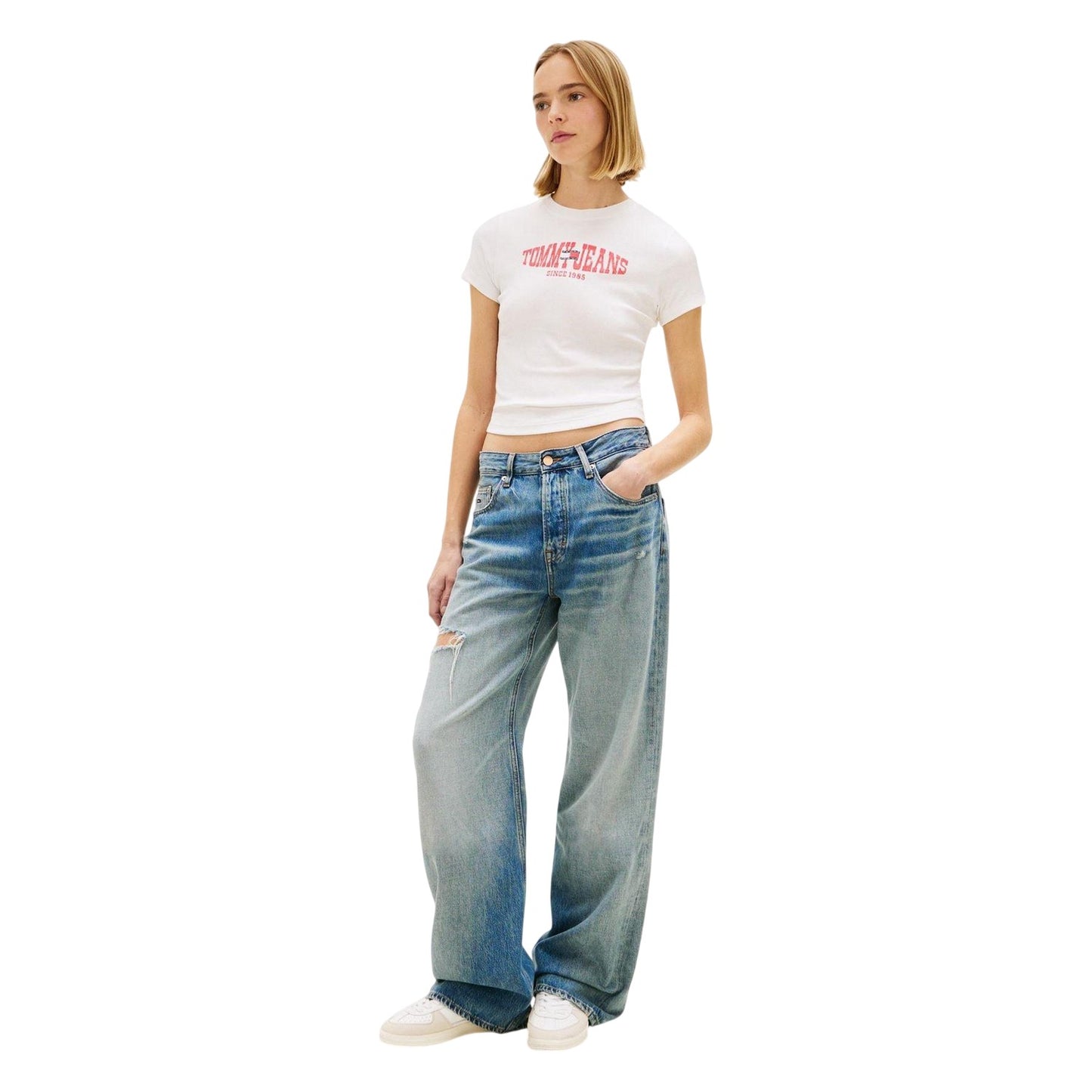 Ecru - Lifestyle - Tommy Jeans Womens-Ladies Logo Ribbed Slim T-Shirt