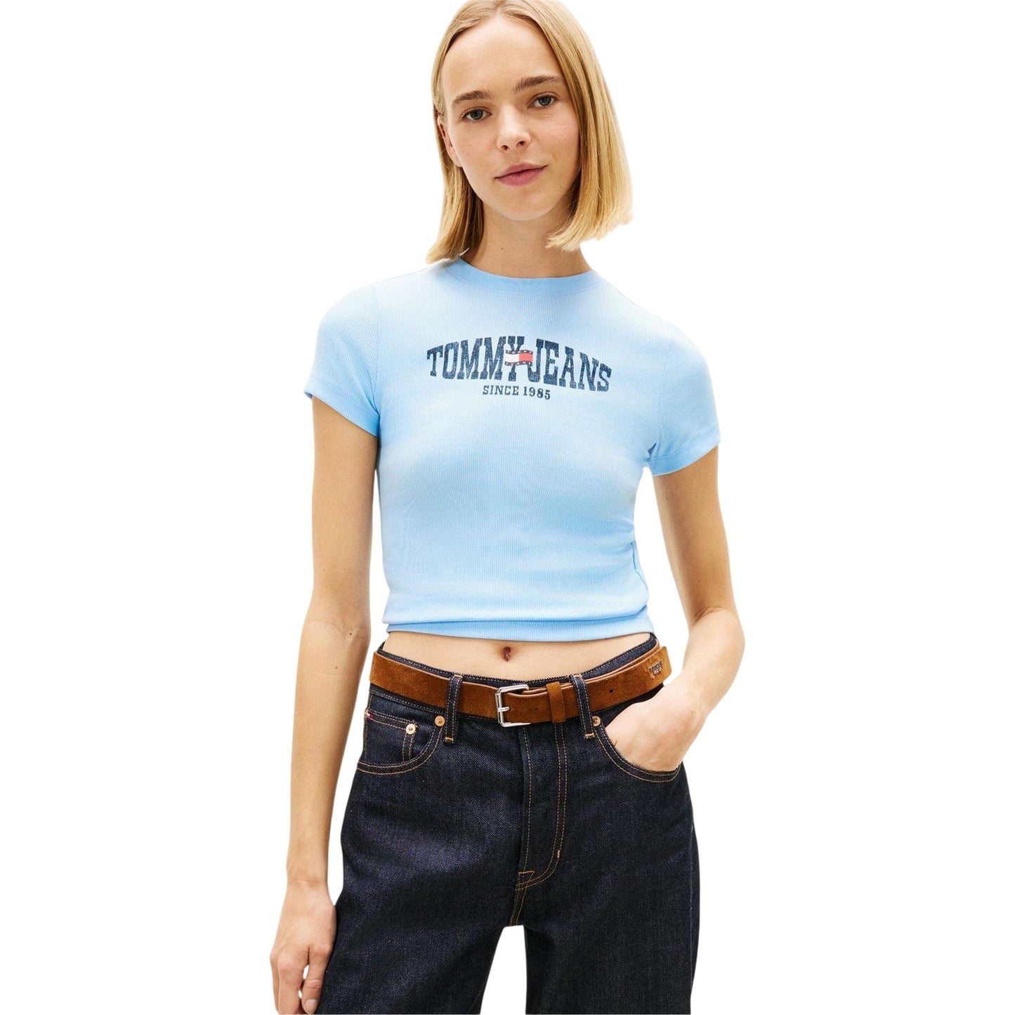 Light Blue - Side - Tommy Jeans Womens-Ladies Logo Ribbed Slim T-Shirt