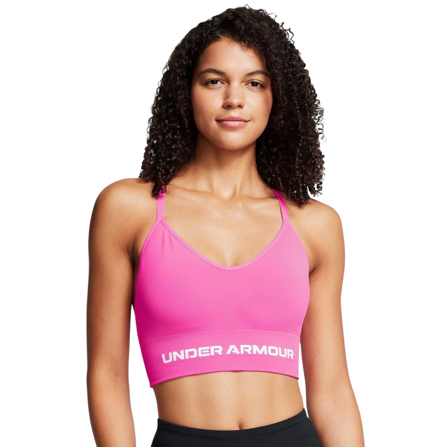 Pink-White - Side - Under Armour Womens-Ladies Seamless Spaghetti Strap Sports Bra
