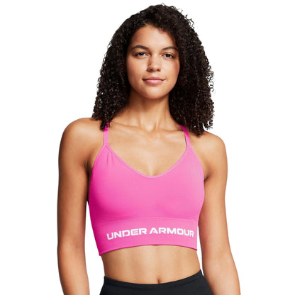 Pink-White - Side - Under Armour Womens-Ladies Seamless Spaghetti Strap Sports Bra