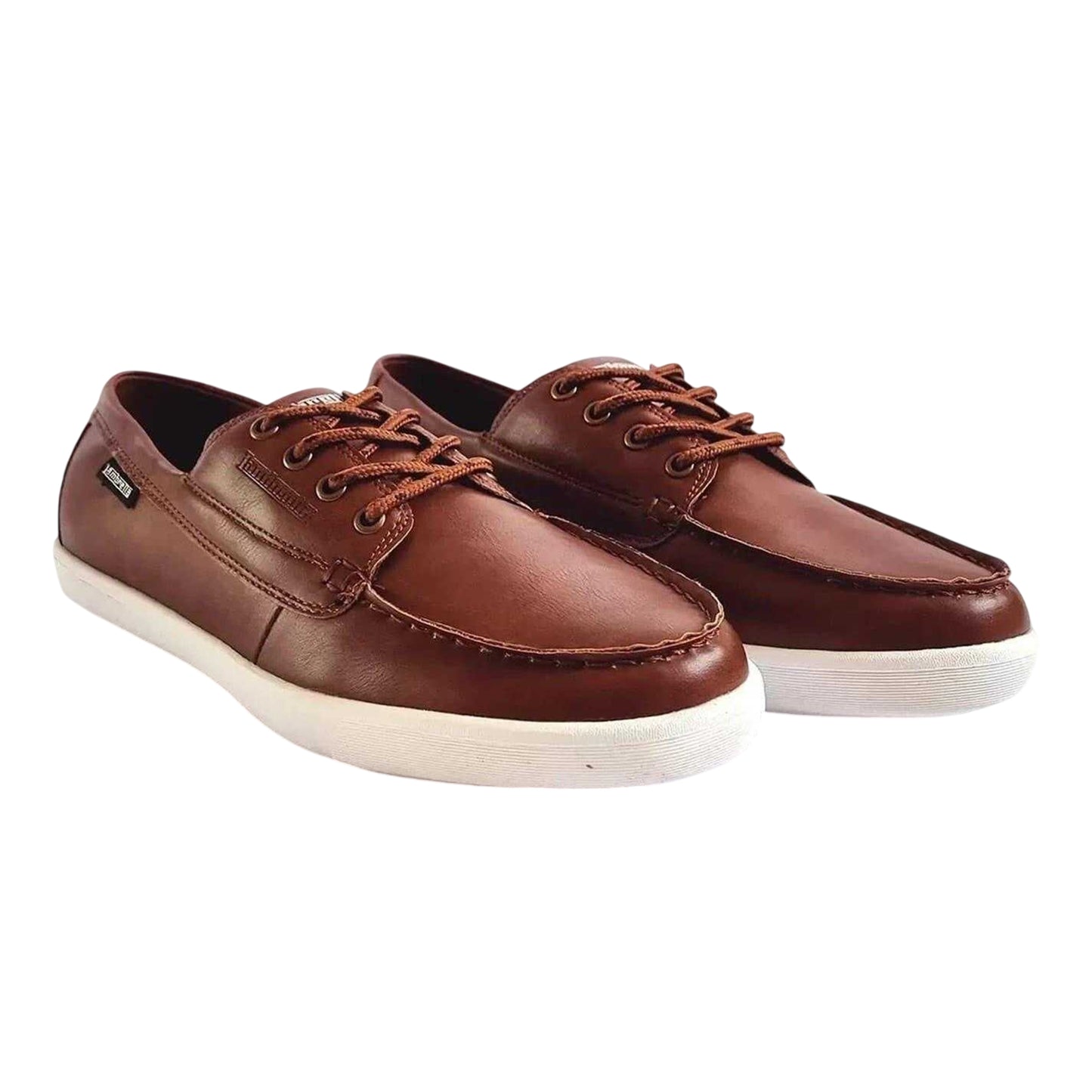 Tan - Back - Lambretta Mens Vulkn Leather Moc Toe Casual Flat Boat Shoes