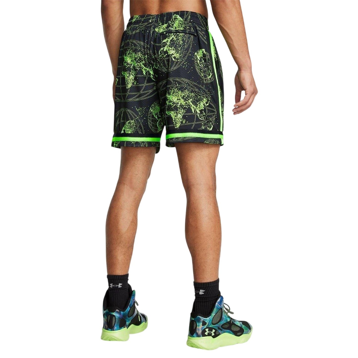 Black-Grey-Green Print - Back - Under Armour Mens Curry Statement World Map Basketball Shorts