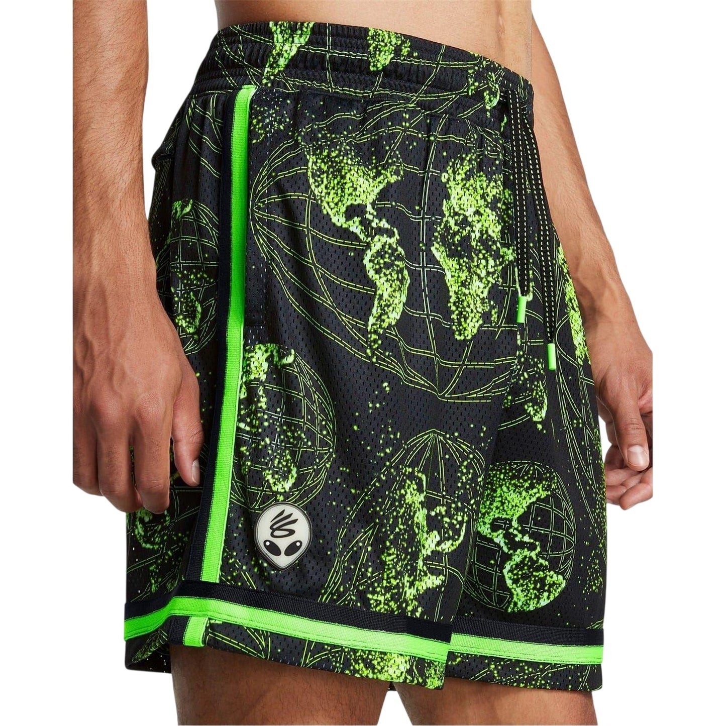 Black-Grey-Green Print - Side - Under Armour Mens Curry Statement World Map Basketball Shorts