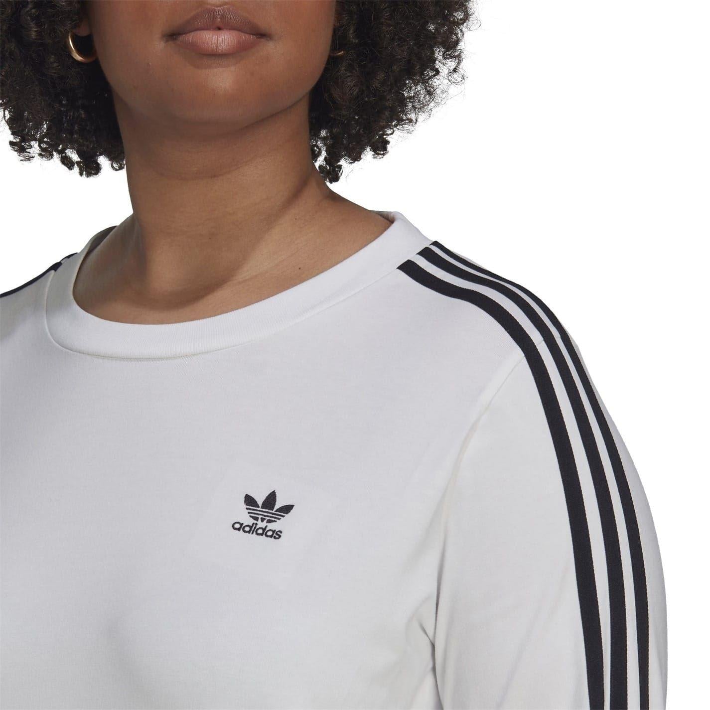 White - Side - Adidas Womens-Ladies 3 Stripes Long-Sleeved Top