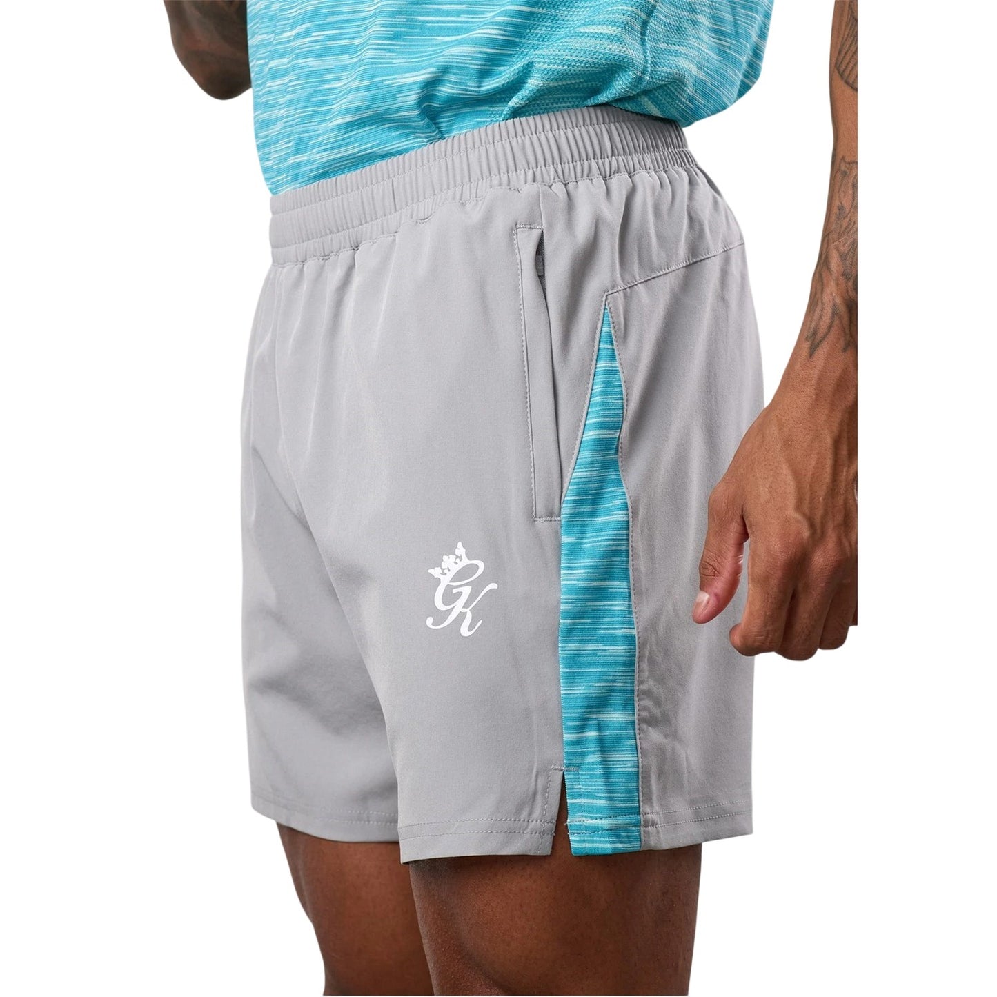 Grey-Ocean Blue - Side - Gym King Mens Energy Space Running Shorts