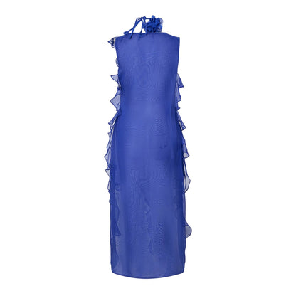 Blue - Back - AmyLynn Womens-Ladies Ruffled Halter Neck Maxi Dress