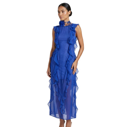 Blue - Side - AmyLynn Womens-Ladies Ruffled Halter Neck Maxi Dress