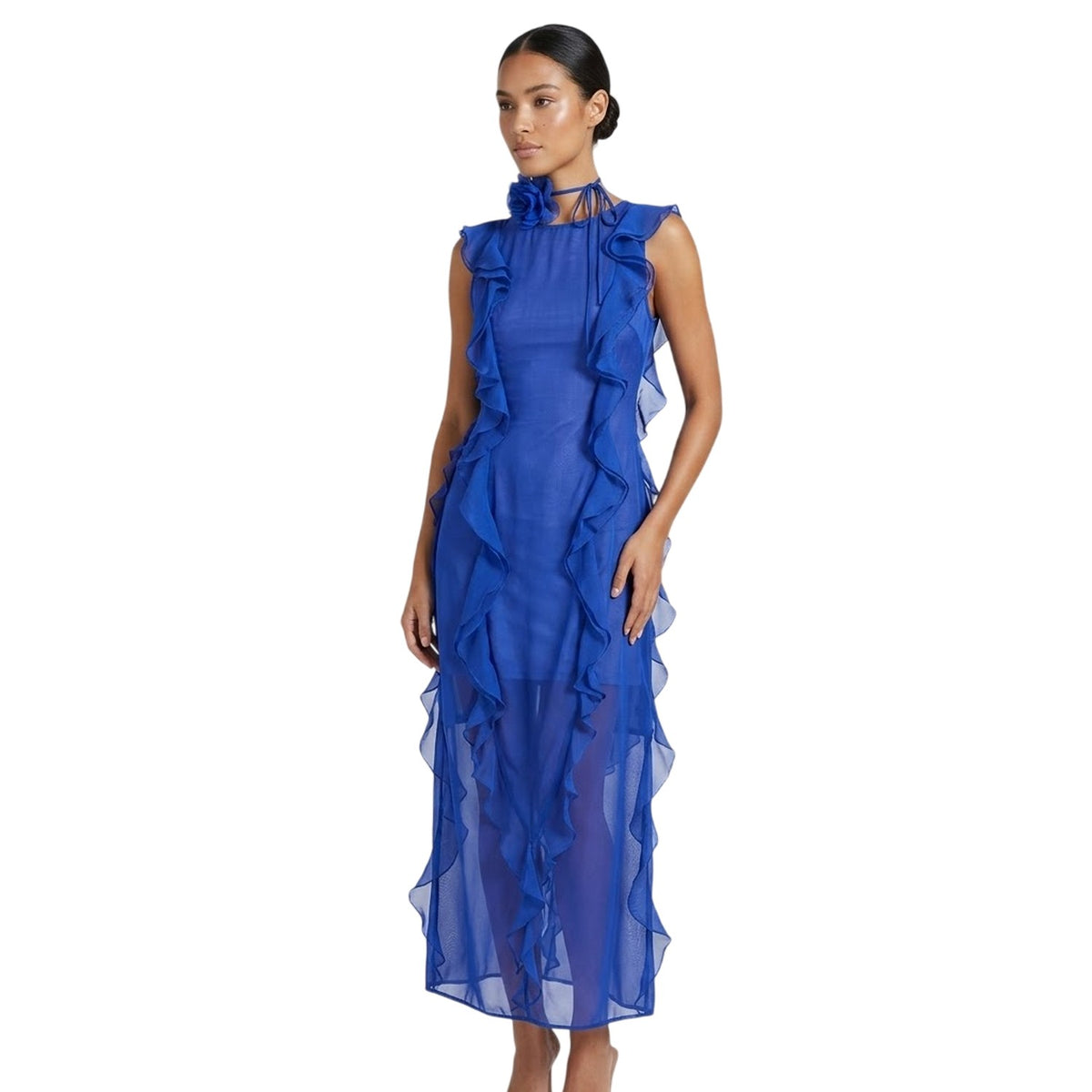 Blue - Side - AmyLynn Womens-Ladies Ruffled Halter Neck Maxi Dress
