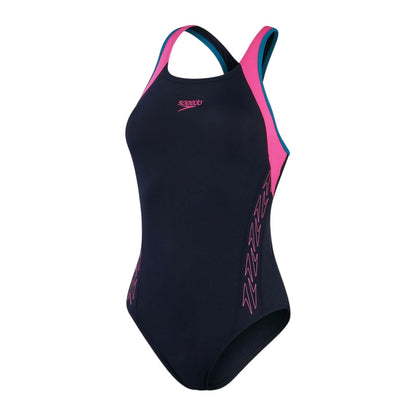 Navy-Pink - Front - Speedo Womens-Ladies Abstract One Piece Swimsuit