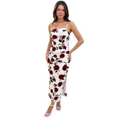 Cream - Side - Ax Womens-Ladies Rose Print Polyester Strappy Midi Dress